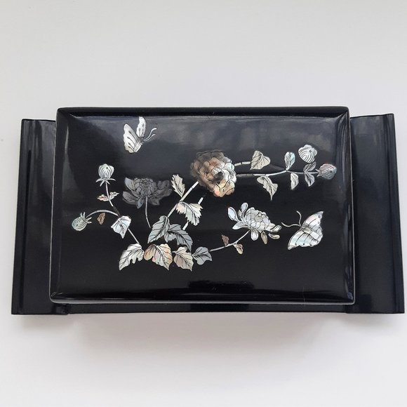 VTG Chinese Cigarette Box Black Lacquer Mother of Pearl Inlay 36 Cigarette - Picture 4 of 9